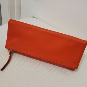 EC Banana Republic Orange Pebble Grain Leather Foldover Zip Close Large Clutch